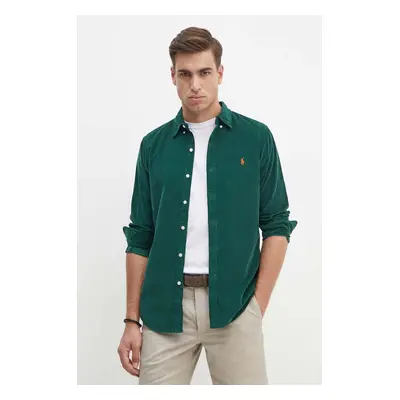 Manšestrová košile Polo Ralph Lauren zelená barva, regular, s límečkem button-down