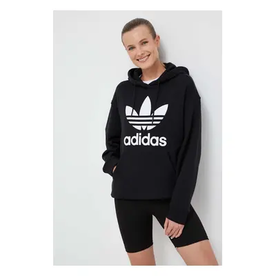 Bavlněná mikina adidas Originals dámská, černá barva, s kapucí, s potiskem