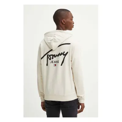 Bavlněná mikina Tommy Jeans pánská, béžová barva, s kapucí, s potiskem, DM0DM19229