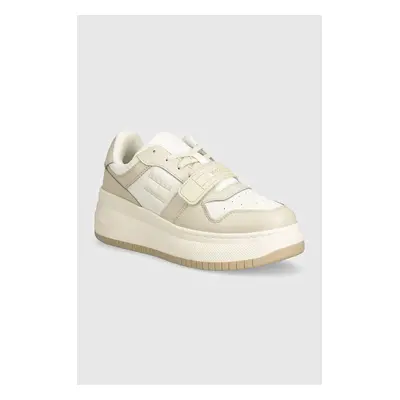 Sneakers boty Tommy Jeans TJW RETRO BASKET FLATFORM VELCRO béžová barva, EN0EN02573