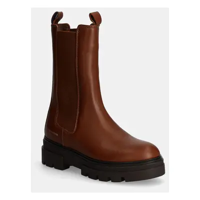 Kožené kotníkové boty Tommy Hilfiger MONOCHROMATIC CHELSEA BOOT dámské, hnědá barva, na plochém 