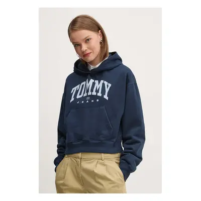 Bavlněná mikina Tommy Jeans dámská, tmavomodrá barva, s kapucí, s potiskem, DW0DW19291