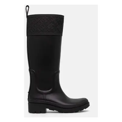 Holínky Tommy Hilfiger RUBBER LONG BOOT MONOGRAM dámské, černá barva, FW0FW08161