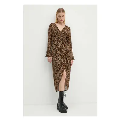 Šaty Never Fully Dressed Leopard Sheer Wrap Dress hnědá barva, midi, NL28459