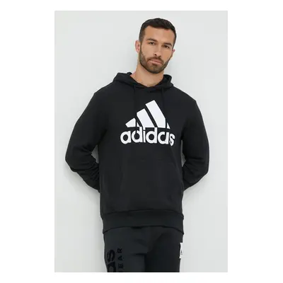 Bavlněná mikina adidas pánská, černá barva, s kapucí, s potiskem, IC9363