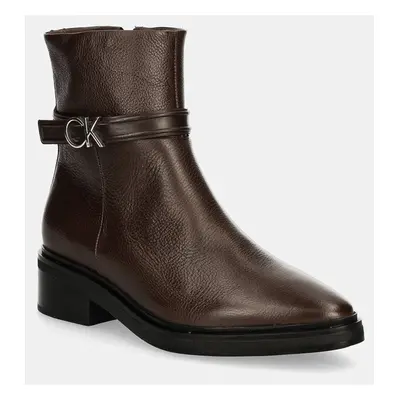 Kožené kotníkové boty Calvin Klein HEEL ANKLE BOOT 30 W/HW LTH dámské, hnědá barva, na plochém p