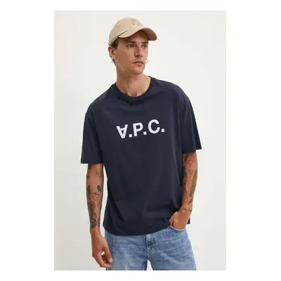 Bavlněné tričko A.P.C. T-Shirt River tmavomodrá barva, s potiskem, COFDW.H26324.IAK