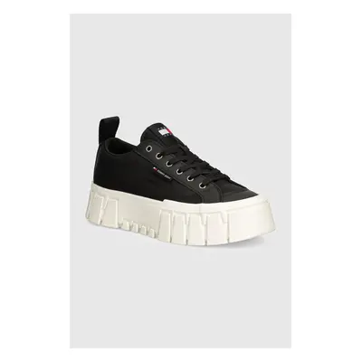 Tenisky Tommy Jeans TJW VULC FLATFORM LC MIX MEDIA dámské, černá barva, EN0EN02569