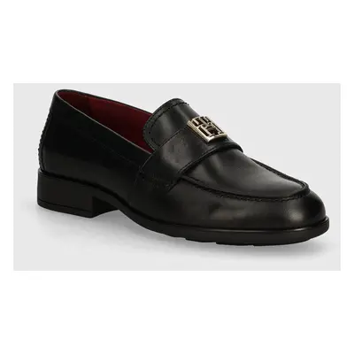 Kožené mokasíny Tommy Hilfiger TH LEATHER CLASSIC LOAFER dámské, černá barva, na plochém podpatk