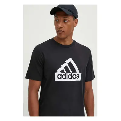 Bavlněné tričko adidas Essentials černá barva, s potiskem, IW2702