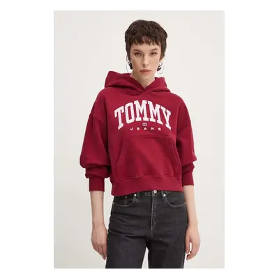 Bavlněná mikina Tommy Jeans dámská, vínová barva, s kapucí, s potiskem, DW0DW19291