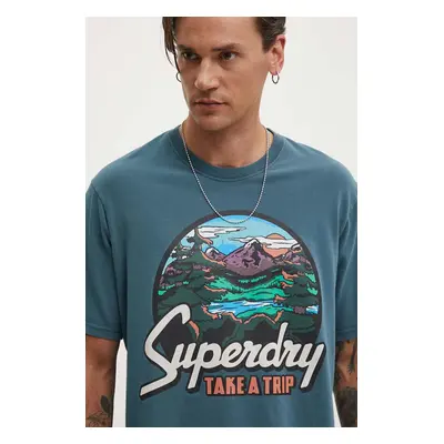 Bavlněné tričko Superdry tyrkysová barva, s potiskem, M1012187A-1XJ