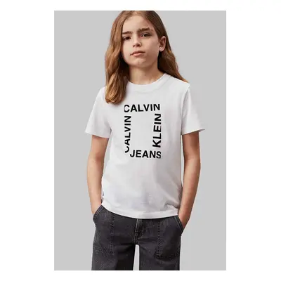 Dětské bavlněné tričko Calvin Klein Jeans bílá barva, s potiskem, IB0IB02159