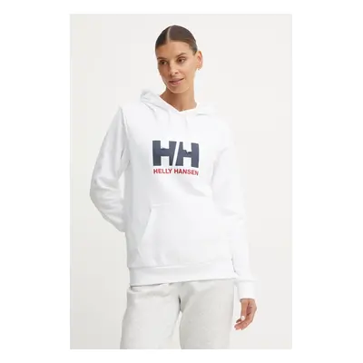 Bavlněná mikina Helly Hansen HH LOGO 2.0 dámská, bílá barva, s kapucí, s potiskem, 34460