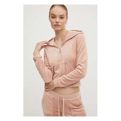 Velurová mikina Juicy Couture HERITAGE ROBYN HOODIE béžová barva, s kapucí, JCSEBJ007