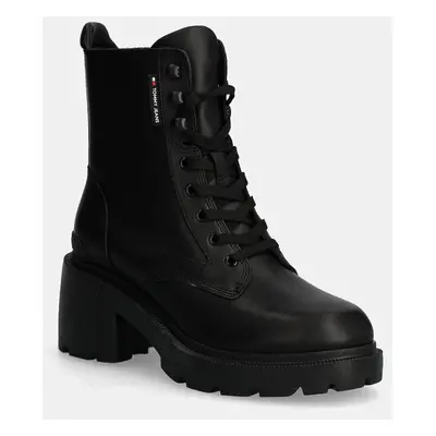 Nízké kozačky Tommy Jeans TJW MID HEEL BOOT LEATHER dámské, černá barva, na podpatku, EN0EN02640