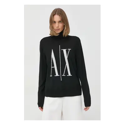 Vlněný svetr Armani Exchange dámský, černá barva, lehký, s golfem