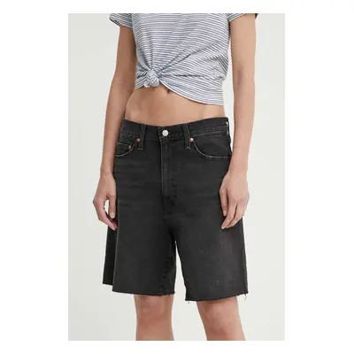 Džínové šortky Levi's BERMUDA SHORT dámské, černá barva, hladké, high waist, A8720