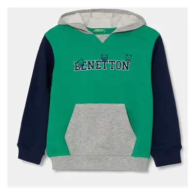 Dětská bavlněná mikina United Colors of Benetton zelená barva, s kapucí, s potiskem, 3J68G200Q