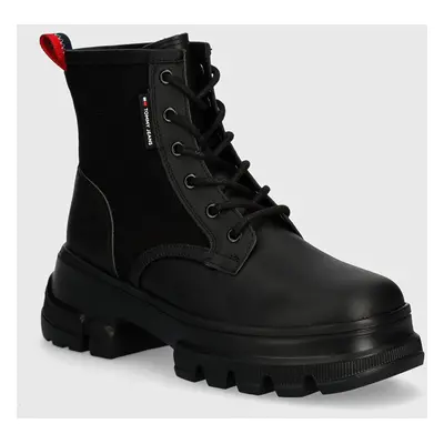 Nízké kozačky Tommy Jeans TJW CHUNKY LACE UP BOOT MIX MAT dámské, černá barva, na platformě, EN0