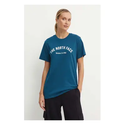 Bavlněné tričko The North Face Tee Varsity Graphic tyrkysová barva, NF0A89CQ1NO1