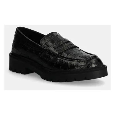 Kožené mokasíny Calvin Klein Jeans FLATFORM LOAFER MG CROC LTH dámské, černá barva, na platformě