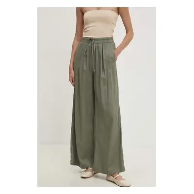 Kalhoty s lněnou směsí Answear Lab zelená barva, široké, high waist