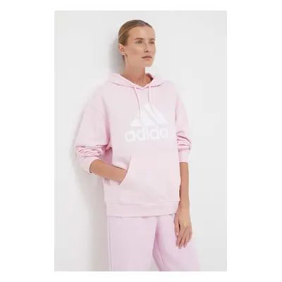 Bavlněná mikina adidas dámská, růžová barva, s kapucí, s potiskem