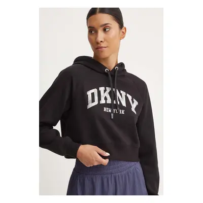 Mikina Dkny dámská, černá barva, s kapucí, s potiskem, DP4T9938