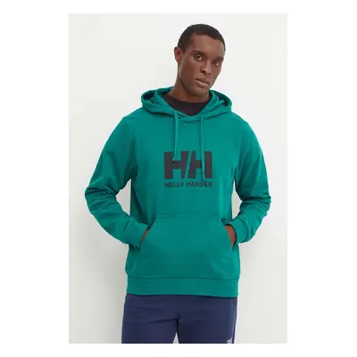 Bavlněná mikina Helly Hansen HH LOGO pánská, zelená barva, s kapucí, s potiskem, 30394