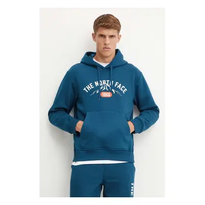 Mikina The North Face Hoodie Varsity Graphic pánská, tyrkysová barva, s kapucí, s potiskem, NF0A