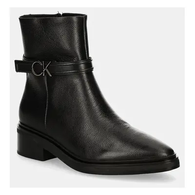 Kožené kotníkové boty Calvin Klein HEEL ANKLE BOOT 30 W/HW LTH dámské, černá barva, na plochém p