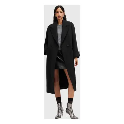 Kabát s příměsí vlny AllSaints MABEL COAT černá barva, přechodný, dvouřadový, W006OZ