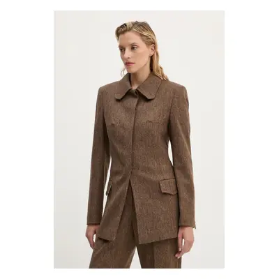 Vlněné sako Remain Fitted Herringbone Blazer hnědá barva, jednořadé, vzorované, 5018632977