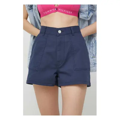 Kraťasy Tommy Jeans dámské, tmavomodrá barva, hladké, high waist