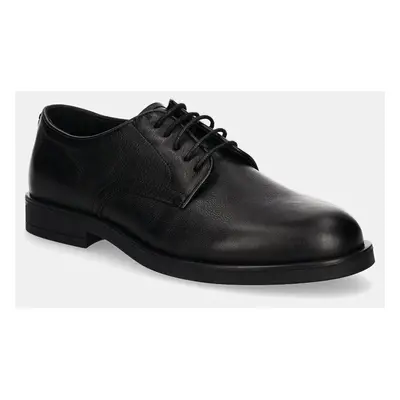 Kožené polobotky Calvin Klein DERBY LTH pánské, černá barva, HM0HM01567