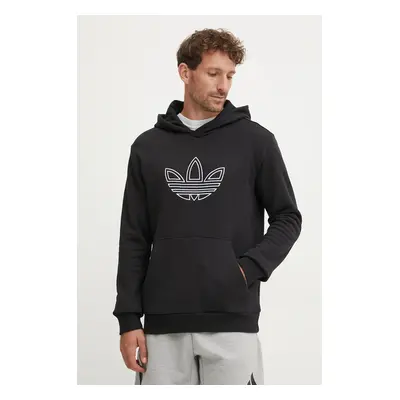 Bavlněná mikina adidas Originals Outline Hoodie pánská, černá barva, s kapucí, s aplikací, JJ150