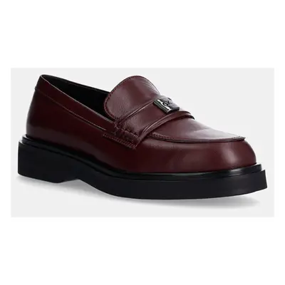 Kožené mokasíny Calvin Klein LOAFER W/HW LTH dámské, vínová barva, na platformě, HW0HW02182