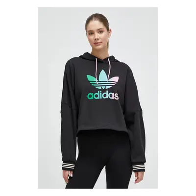 Bavlněná mikina adidas Originals dámská, černá barva, s kapucí, s aplikací