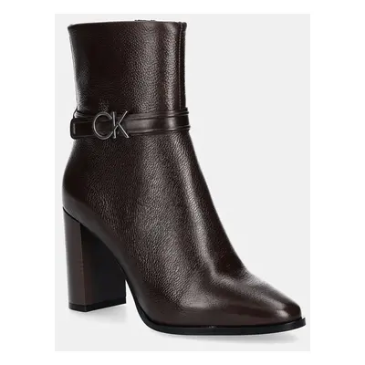 Nízké kozačky Calvin Klein HEEL ANKLE BOOT 85 W/HW LTH dámské, hnědá barva, na podpatku, HW0HW02