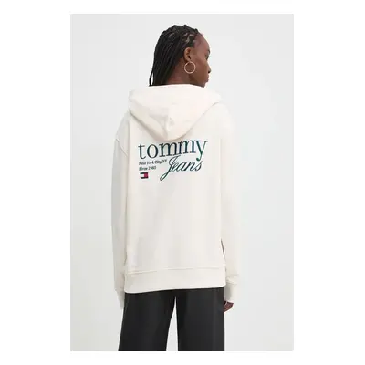 Bavlněná mikina Tommy Jeans dámská, béžová barva, s kapucí, s aplikací, DW0DW18760