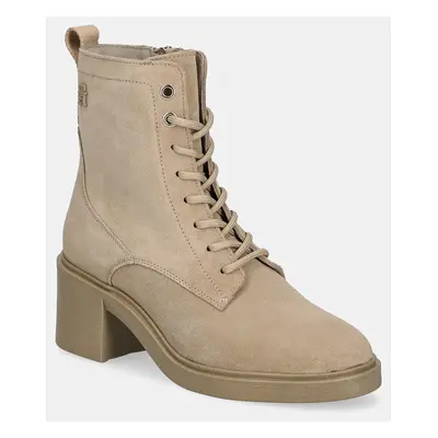 Semišové boty Tommy Hilfiger SUEDE MID HEEL LACEUP LOGOTAPE dámské, béžová barva, na podpatku, F