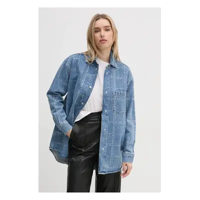 Košile Pepe Jeans OVERSHIRT GLITTER dámská, modrá barva, regular, s klasickým límcem, PL304958