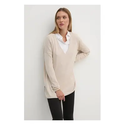 Svetr z vlněné směsi Pepe Jeans ISELA V-NECK dámský, béžová barva, lehký, PL702220