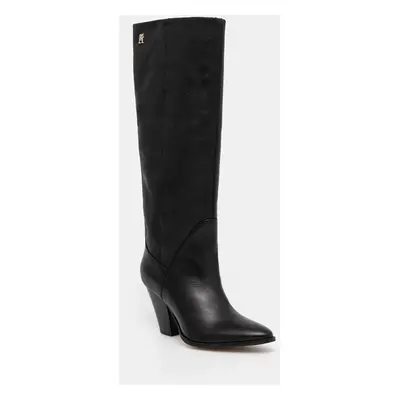 Kozačky Tommy Hilfiger HIGH COWBOY HEEL BOOT LEATHER dámské, černá barva, na podpatku, FW0FW0829