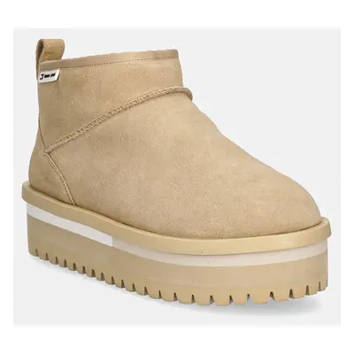 Semišové sněhule Tommy Jeans TJW SUEDE FLATFORM BOOT WL béžová barva, EN0EN02599