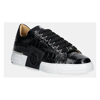 Kožené sneakers boty Philipp Plein Crocco Lo-Top Hexagon černá barva, USC0653 PTE003N 02