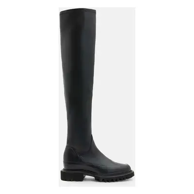 Kožené kozačky AllSaints Leona Boot dámské, černá barva, na plochém podpatku, W097FB