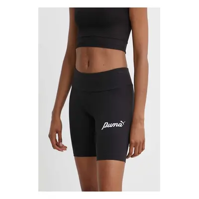 Kraťasy Puma ESS+ dámské, černá barva, s potiskem, medium waist, 679678