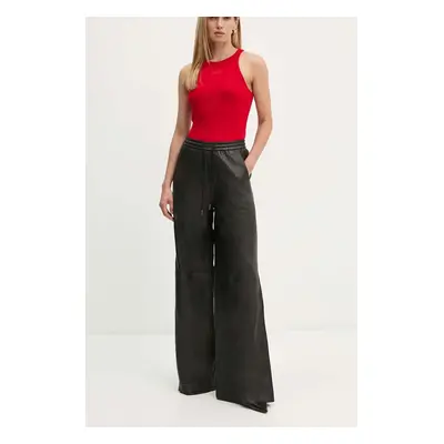 Kožené kalhoty Gestuz dámské, černá barva, široké, high waist, 10909470